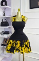 Print Color Block Sling Pleated Mini Dress GXIN-S-8841