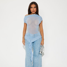 Mesh Slash Shoulder Ruffles Tops MXBF-D25TP185