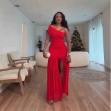 Solid Color Slash Shoulder Split Maxi Dress GXIN-S-8819