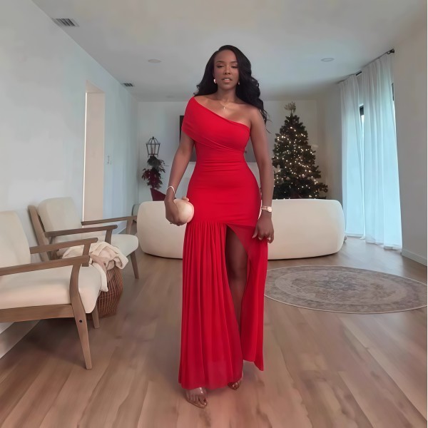 Solid Color Slash Shoulder Split Maxi Dress GXIN-S-8819