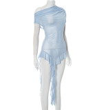 Mesh Slash Shoulder Ruffles Tops MXBF-D25TP185