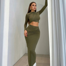 Long Sleeve Solid Color Two Piece Skirts Set GXIN-S-8654
