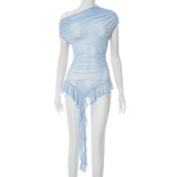 Mesh Slash Shoulder Ruffles Tops MXBF-D25TP185