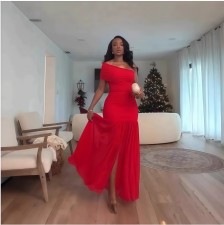 Solid Color Slash Shoulder Split Maxi Dress GXIN-S-8819