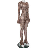 Leopard Print Long Sleeve Mesh Jumpsuit MXBF-J25JP097