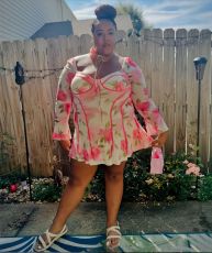 Flare Long Sleeve Ruffles Print Mini Dress GXIN-S-8792