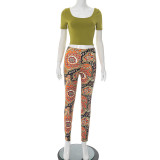 Short Sleeve U Neck Print Pants 2 Piece Suit MXBF-Q25ST195