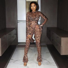Leopard Print Long Sleeve Mesh Jumpsuit MXBF-J25JP097