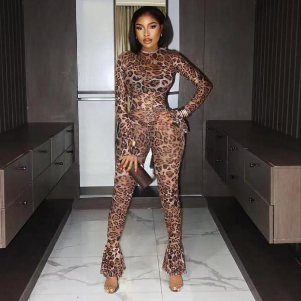 Leopard Print Long Sleeve Mesh Jumpsuit MXBF-J25JP097