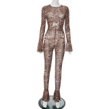 Leopard Print Long Sleeve Mesh Jumpsuit MXBF-J25JP097