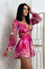 Lantern Sleeve Printed Hollow Out Sexy Romper GXIN-S-8723