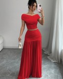 Solid Color One Neck Top Pleated Skirt 2 Piece Set GXIN-S-8832
