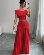Solid Color One Neck Top Pleated Skirt 2 Piece Set GXIN-S-8832