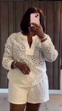 Long Sleeve V Neck Tops Two Piece Short Set GXIN-S-8816