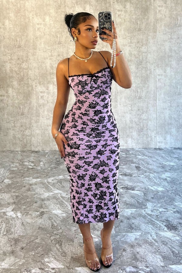 Fashion Print Backless Split Midi Dress GXIN-S-8530