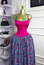 Color Block Print Sling Pleated Long Dress GXIN-S-8835