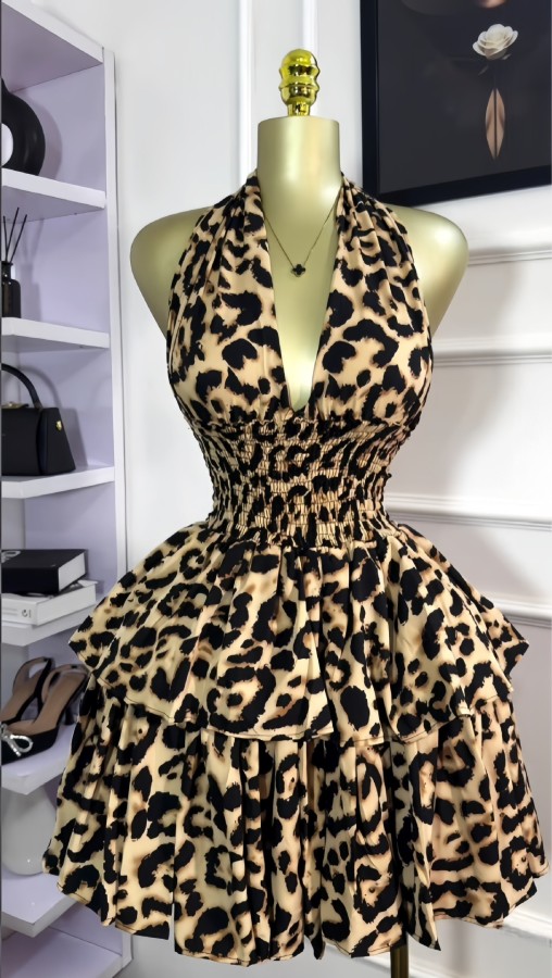 Sleeveless Halterneck Leopard Print Mini Dress GXIN-S-8822