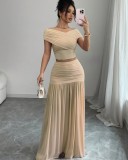 Solid Color One Neck Top Pleated Skirt 2 Piece Set GXIN-S-8832