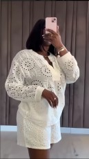 Long Sleeve V Neck Tops Two Piece Short Set GXIN-S-8816