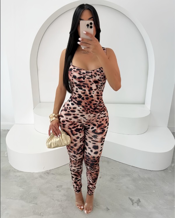 Leopard Print Sleeveless Tight Jumpsuit GXIN-S-8814