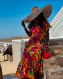 Puffy Short Sleeve Color Block Printed Pleated Long Dress GXIN-S-8791