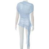 Mesh Slash Shoulder Ruffles Tops MXBF-D25TP185
