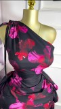 Single Shoulder Tie Up Print Ruffles Midi Dress GXIN-S-8837