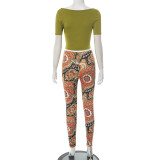 Short Sleeve U Neck Print Pants 2 Piece Suit MXBF-Q25ST195