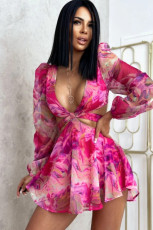 Lantern Sleeve Printed Hollow Out Sexy Romper GXIN-S-8723
