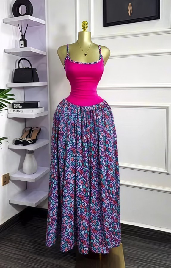 Color Block Print Sling Pleated Long Dress GXIN-S-8835
