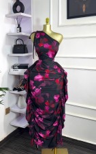 Single Shoulder Tie Up Print Ruffles Midi Dress GXIN-S-8837