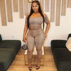 Leopard Print Short Sleeve Slim Two Piece Pants Set MXBF-Q25ST196
