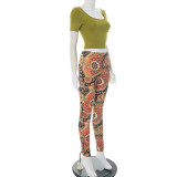 Short Sleeve U Neck Print Pants 2 Piece Suit MXBF-Q25ST195