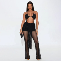 Mesh Drawstring Hollow Out Pleated Jumpsuit GDSF-D25JP153