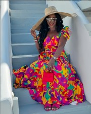 Puffy Short Sleeve Color Block Printed Pleated Long Dress GXIN-S-8791