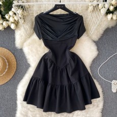 Solid Color Short Sleeve Pleated Puffy Dress GXIN-S-8614