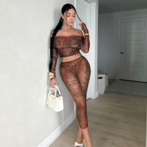 Leopard Print Mesh One Shoulder Seventh Pants Suit MXBF-D25ST201