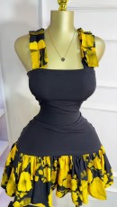 Print Color Block Sling Pleated Mini Dress GXIN-S-8841