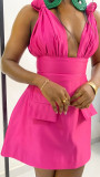 Solid Color V Neck Solid Color Mini Dress GXIN-S-8681