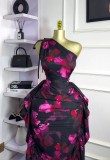 Single Shoulder Tie Up Print Ruffles Midi Dress GXIN-S-8837