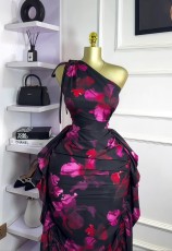 Single Shoulder Tie Up Print Ruffles Midi Dress GXIN-S-8837