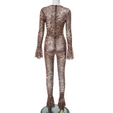 Leopard Print Long Sleeve Mesh Jumpsuit MXBF-J25JP097