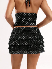 Polka Dot Print Halterneck Vest Skirt Set SHD-9794