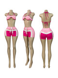 Print Long Sleeve Wrap Tie Up Short 3 Piece Set CH-25029