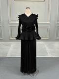 Solid Color Pleated Long Sleeve Pants Suit  GZRF-77061