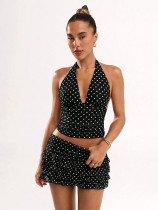 Polka Dot Print Halterneck Vest Skirt Set SHD-9794