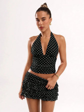 Polka Dot Print Halterneck Vest Skirt Set SHD-9794