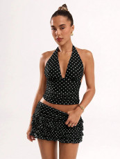 Polka Dot Print Halterneck Vest Skirt Set SHD-9794