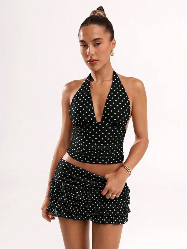 Polka Dot Print Halterneck Vest Skirt Set SHD-9794