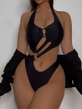 Halterneck Backless Solid One Piece Swimsuit CASF-6755